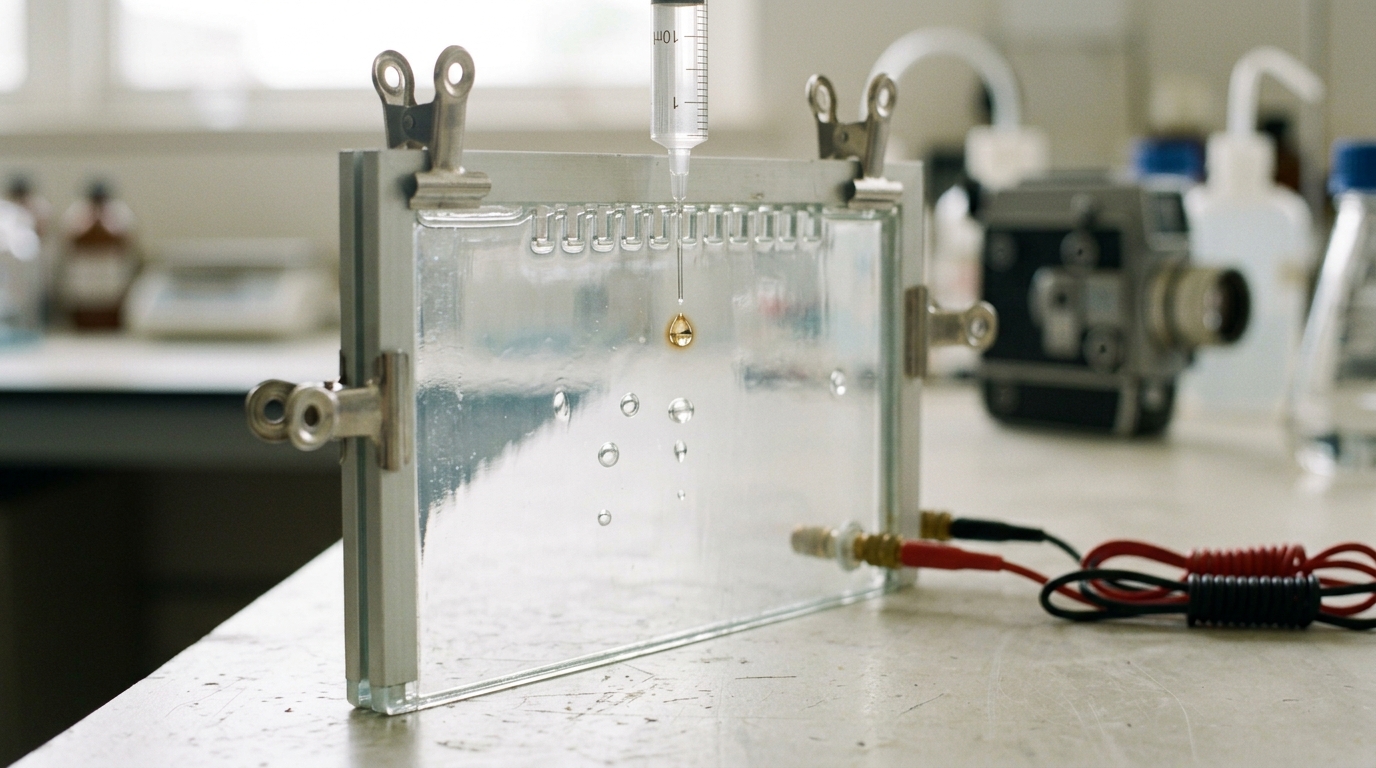 A hand-poured slab-gel sequencing rig with its two glass plates clamped together, thin buffer still running down between them from a syringe tip, on the same long worktable