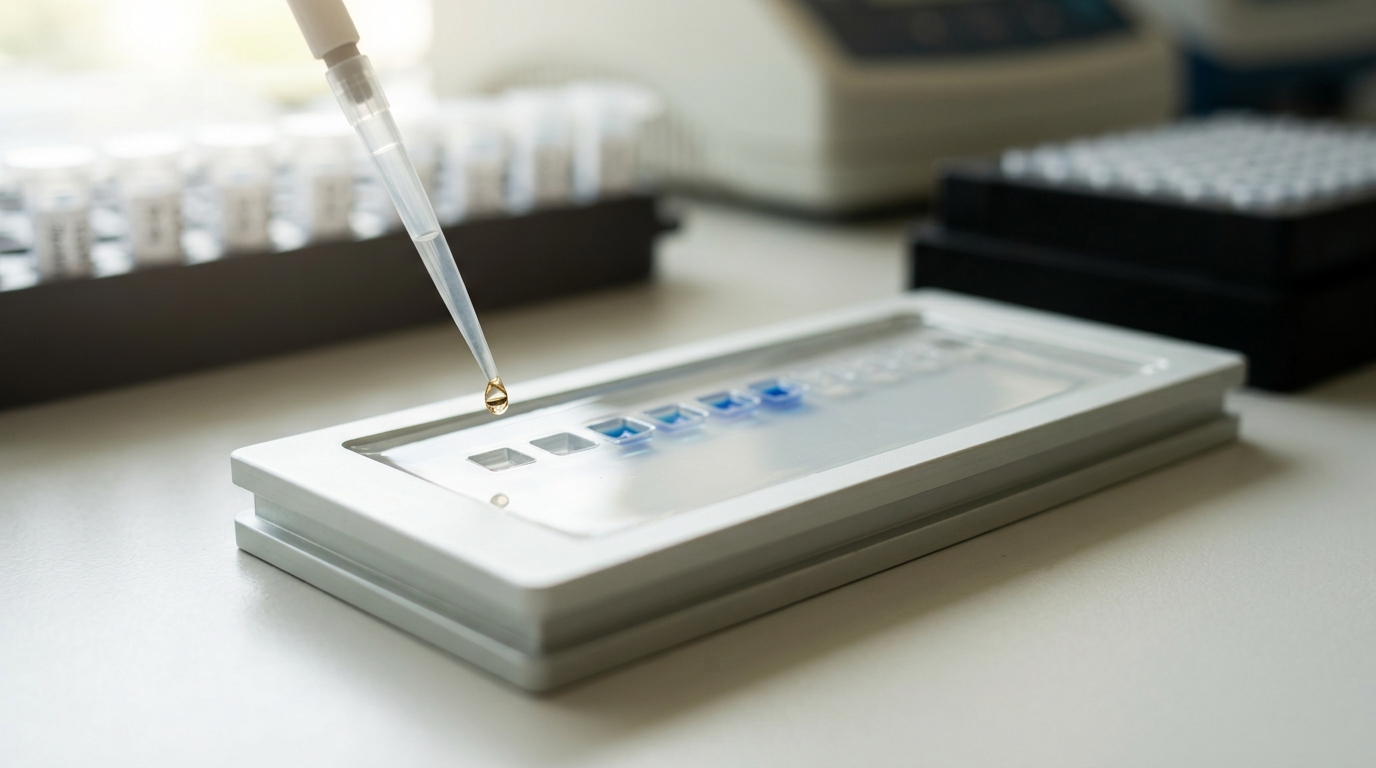 A plasmid and guide-RNA workbench with an agarose gel tray half-loaded, one pipette tip still poised over the next open well