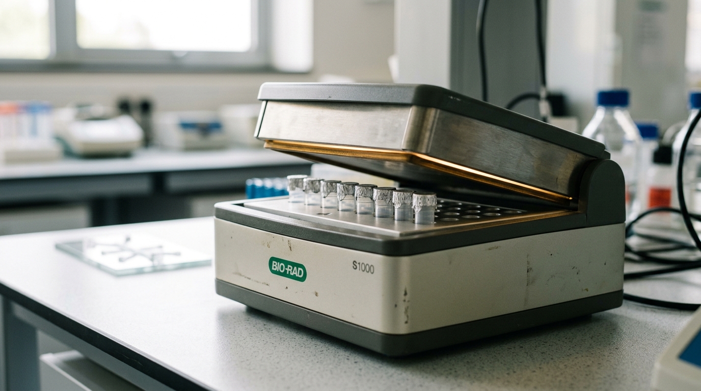 A foil-topped thermal-cycler block with its heated lid caught mid-close over a row of small reaction tubes