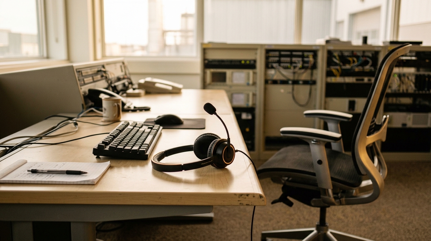 A quiet accelerator control-room desk with a headset set down mid-shift, a chair pushed back from it.