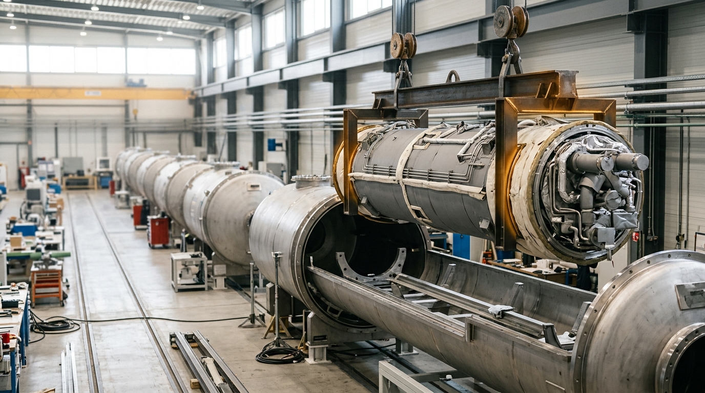 An open cryostat vessel with a finished dipole cold mass suspended just above its resting cradle, not yet lowered in.