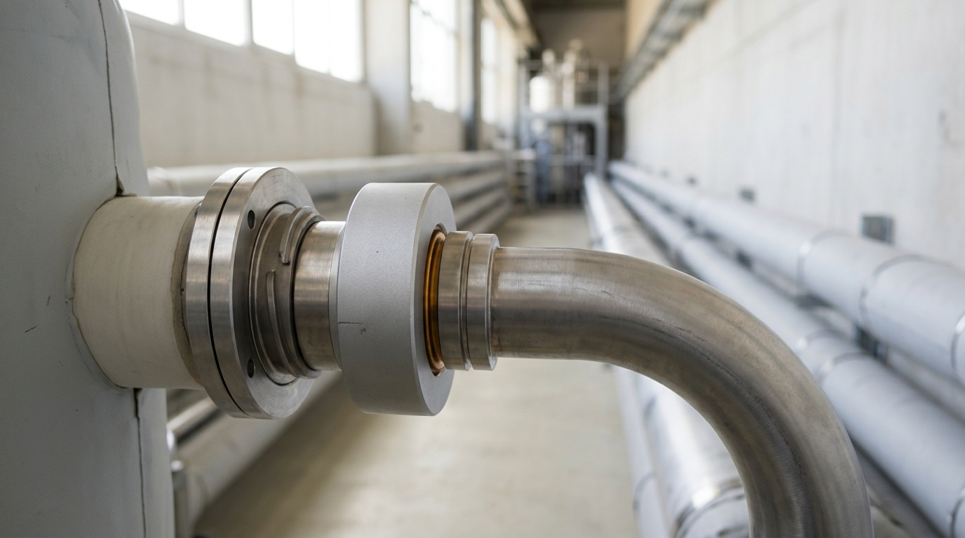 A liquid-helium transfer line being coupled to a cryostat, the bayonet connector part-turned and not yet locked.