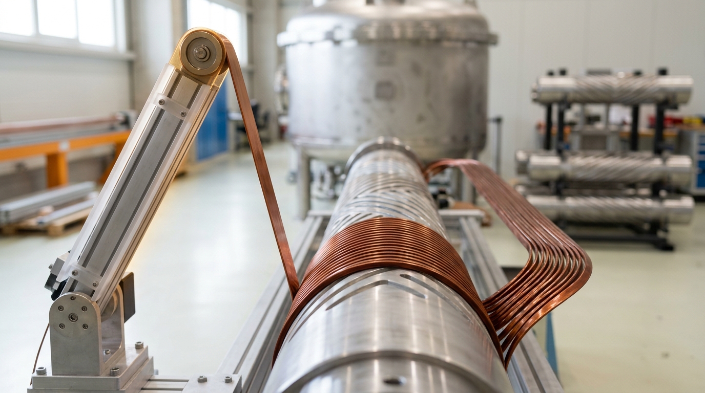 A technician's winding bench mid-wind on a superconducting dipole magnet former, one length of flat niobium-titanium cable still being laid into its groove.
