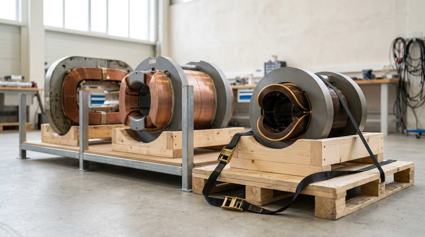 A storage rack holding three magnet formers from successive collider generations, laid side by side for comparison.