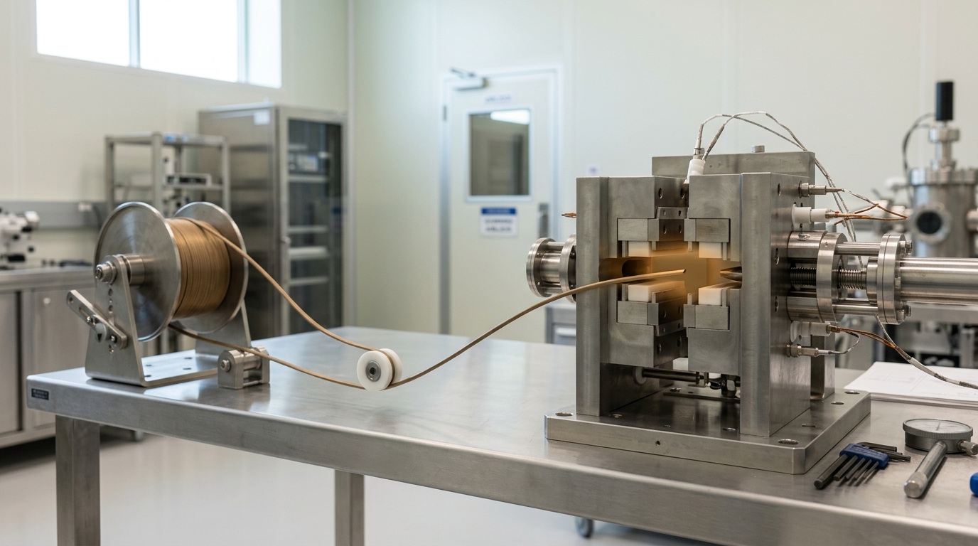 A clean-room bench with a spool of brittle niobium-tin conductor being fed toward a heat-treatment fixture.