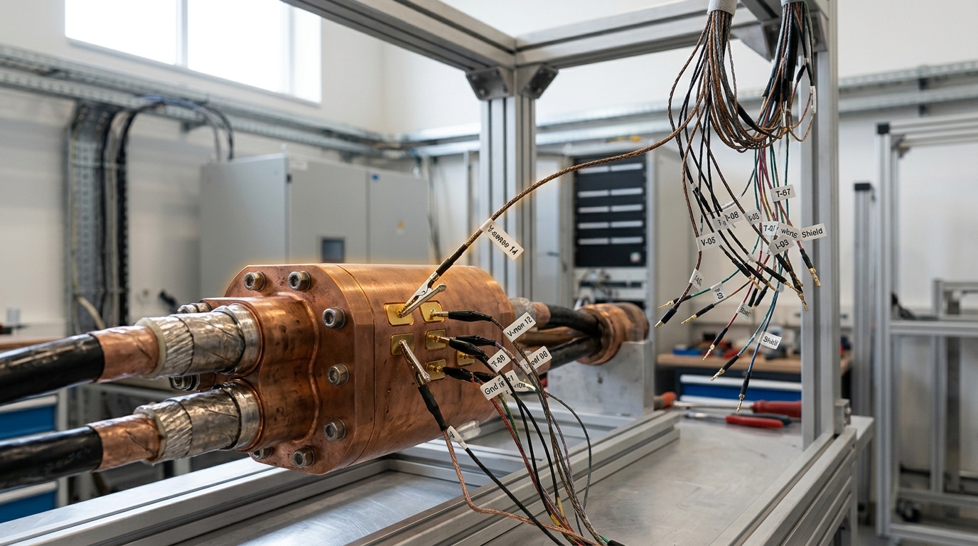 A magnet test bench with instrumentation leads clipped to a cable joint, mid-connection before a quench-protection test.