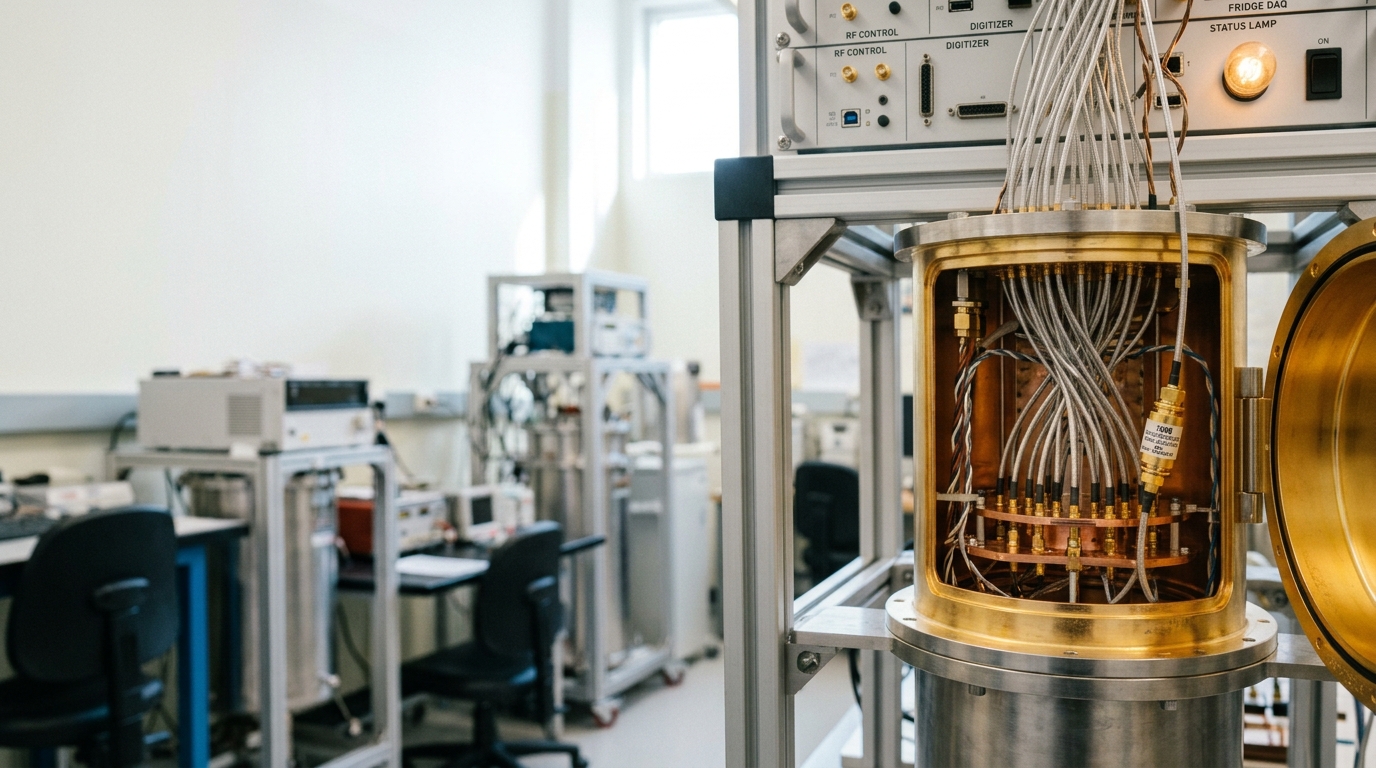 A dilution-refrigerator quantum-computing test stand with its radiation shields open, coaxial control lines fanning up toward room-temperature electronics, one cryogenic attenuator caught half-threaded onto its line