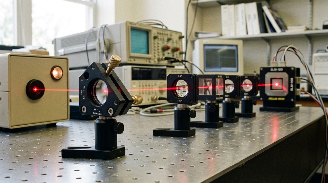 An early-1990s optical-computing research bench with a laser beam path threading through a row of lens mounts toward a spatial light modulator, one relay mirror caught mid-adjustment and still tilted off its locked position