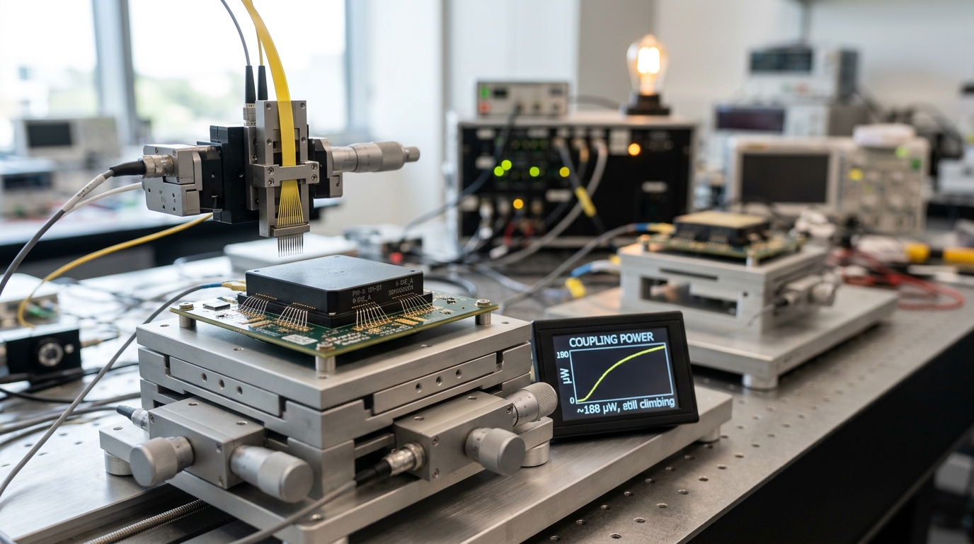 A modern photonic-AI-accelerator startup lab with a multi-chip photonic processor package under a fibre-array probe still hovering a hair above its coupling facet, not yet aligned