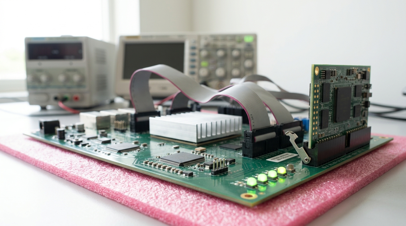 A 2014-era neuromorphic-chip test bench with a TrueNorth evaluation board's status LEDs lighting in sequence mid-boot, one FPGA daughtercard caught half-seated in its connector beside it