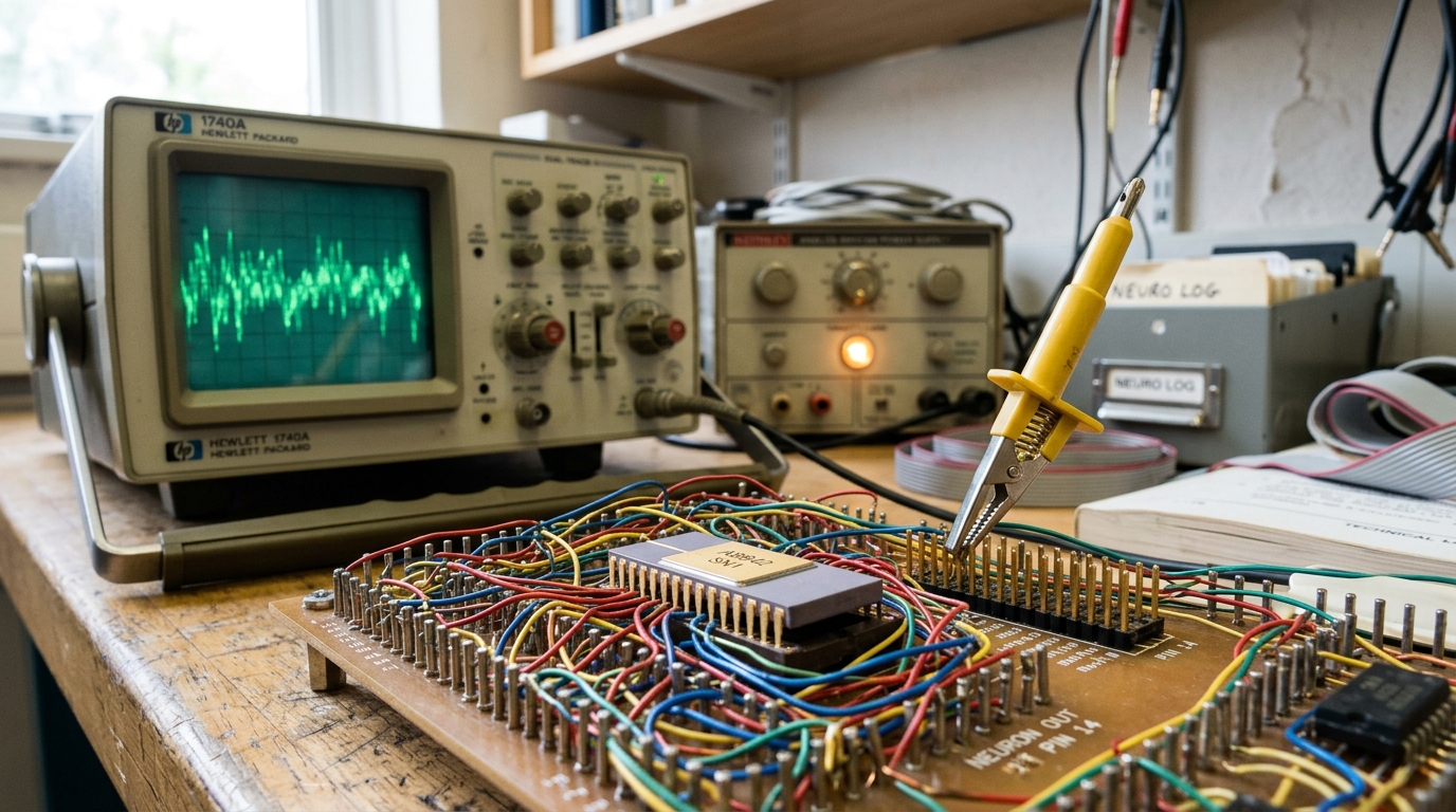 A late-1980s analog-VLSI research bench with a wire-wrapped silicon neuron chip carrier mid-connection to a dual-trace oscilloscope, one tungsten-toned indicator lamp lit on the power supply