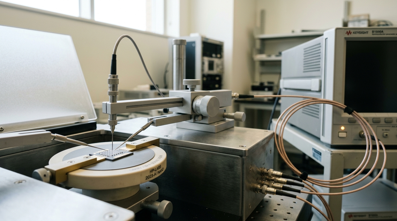 An HP-Labs-style nanoscale memristor characterization lab with a wafer prober's needle tip caught just above a titanium-dioxide crossbar test die, not yet in contact, beside a semiconductor parameter analyzer