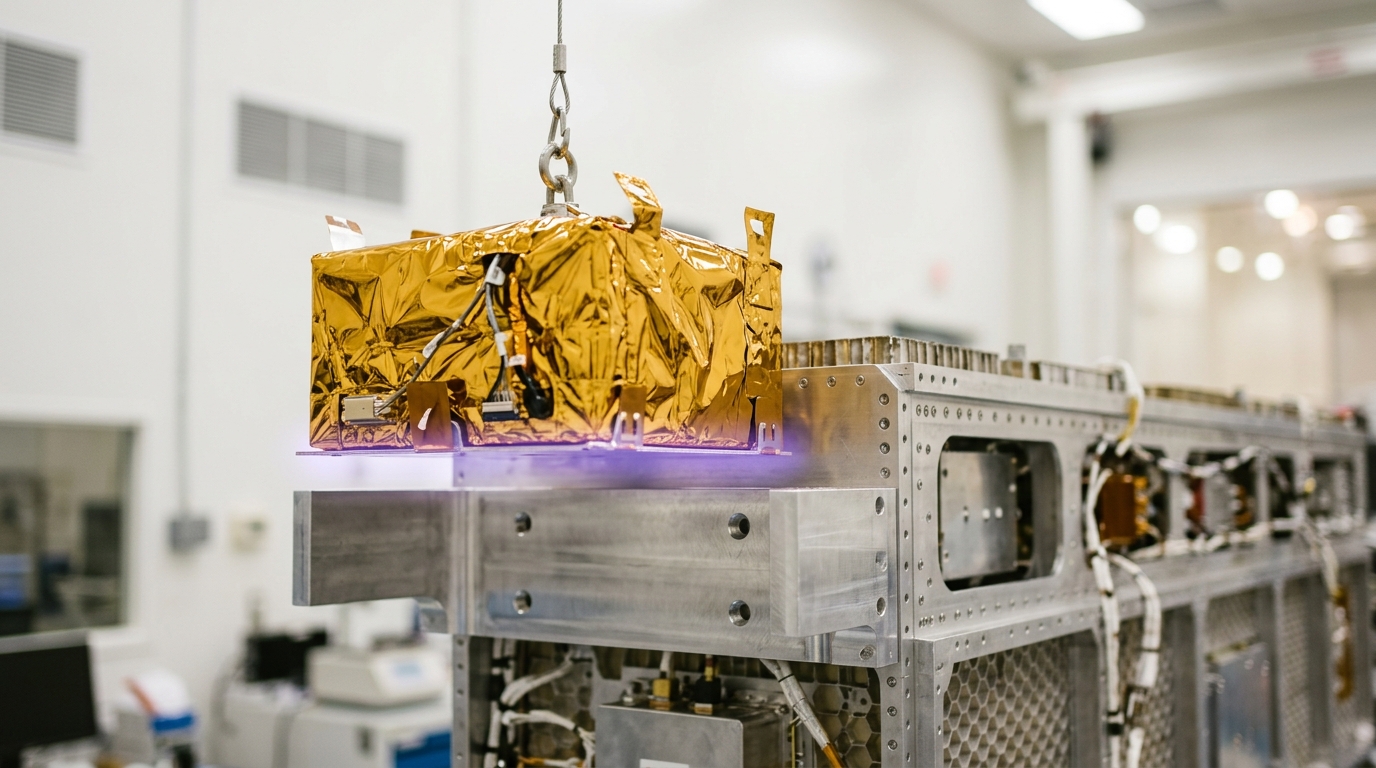 The FIRAS bolometer instrument being lowered into the COBE satellite frame during clean-room integration
