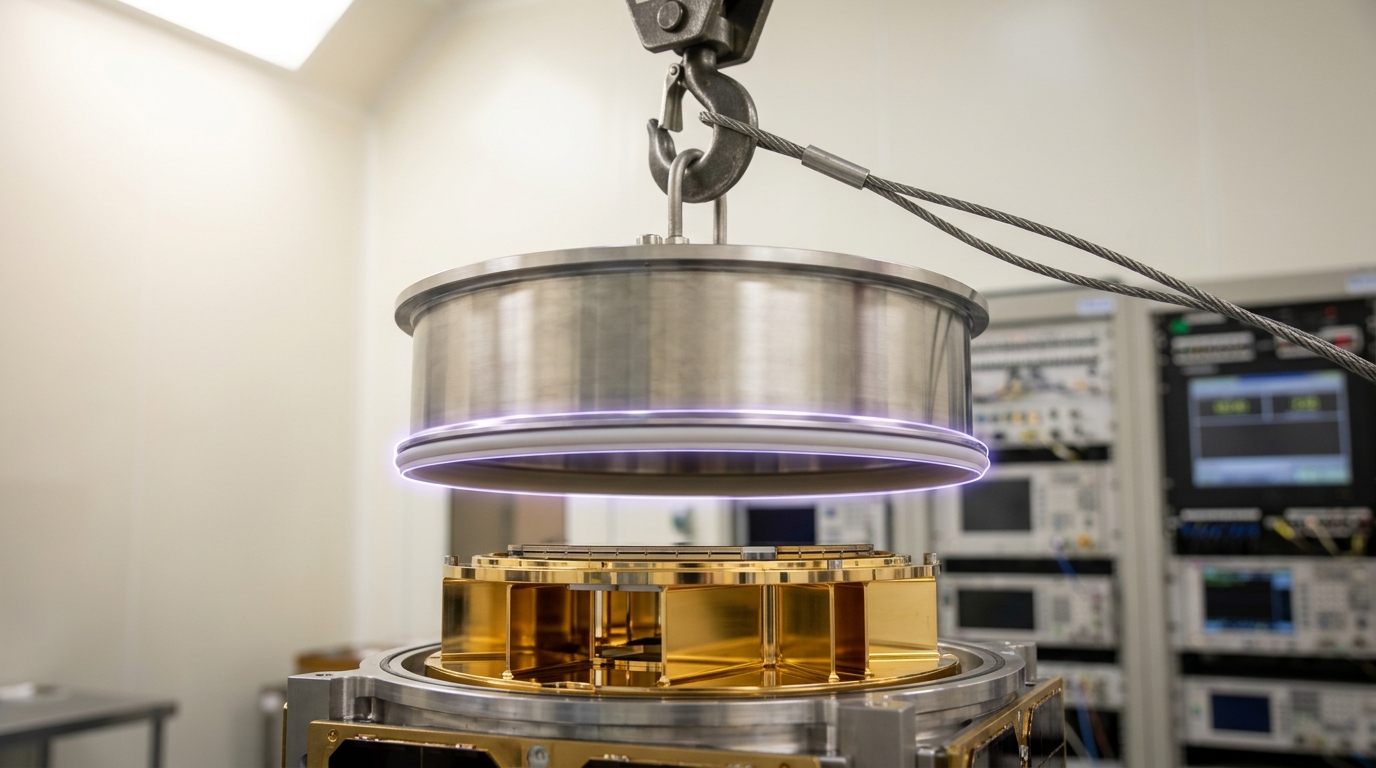 The Planck satellite's cryostat cover being lifted clear during final pre-launch testing