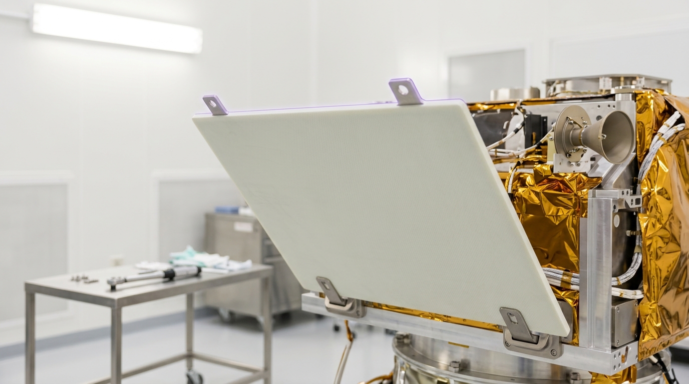 The WMAP spacecraft's radiator panel being fitted into place during pre-launch assembly