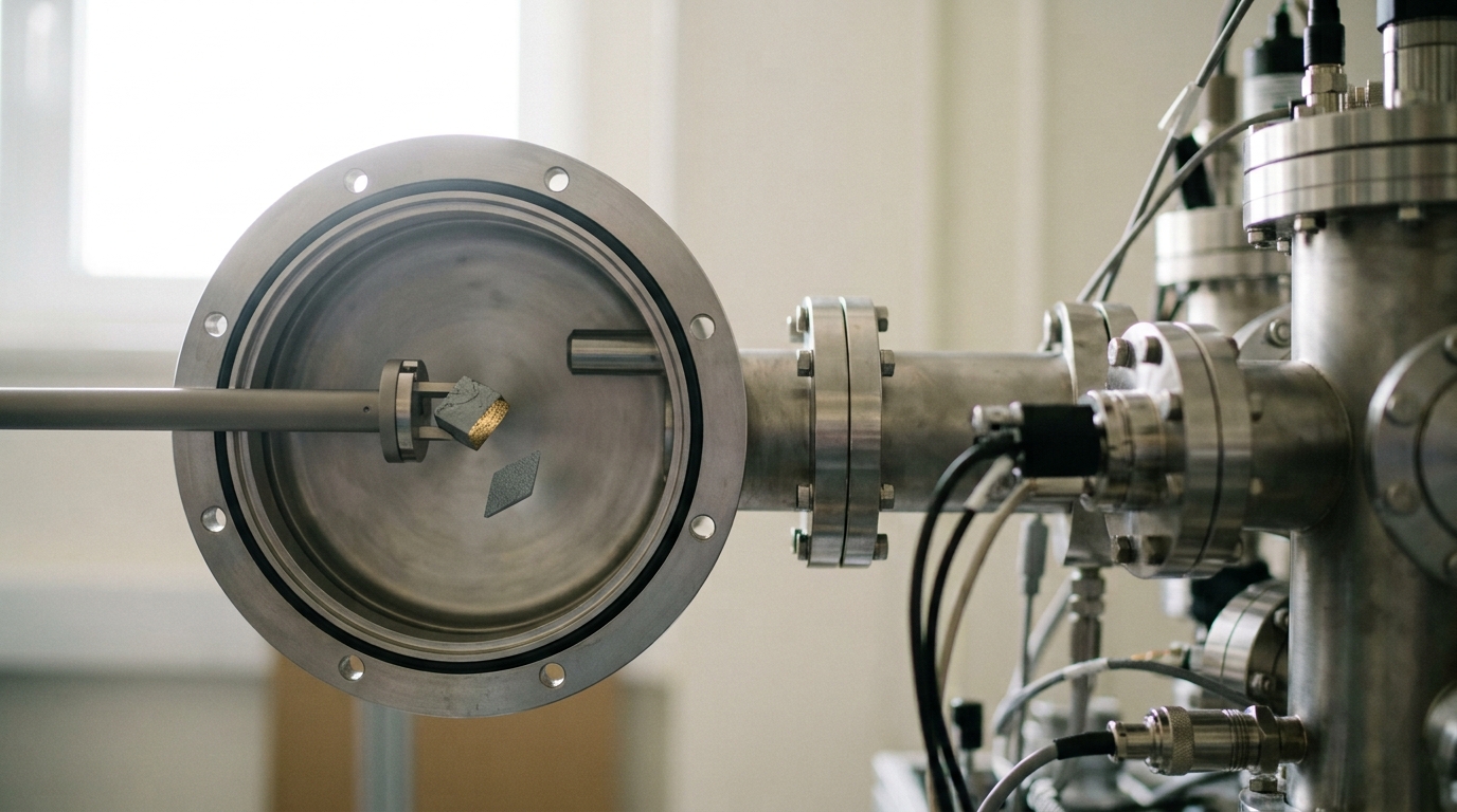 The viewport of a photoemission spectrometer chamber with a crystal sample on its manipulator arm, caught mid-cleave