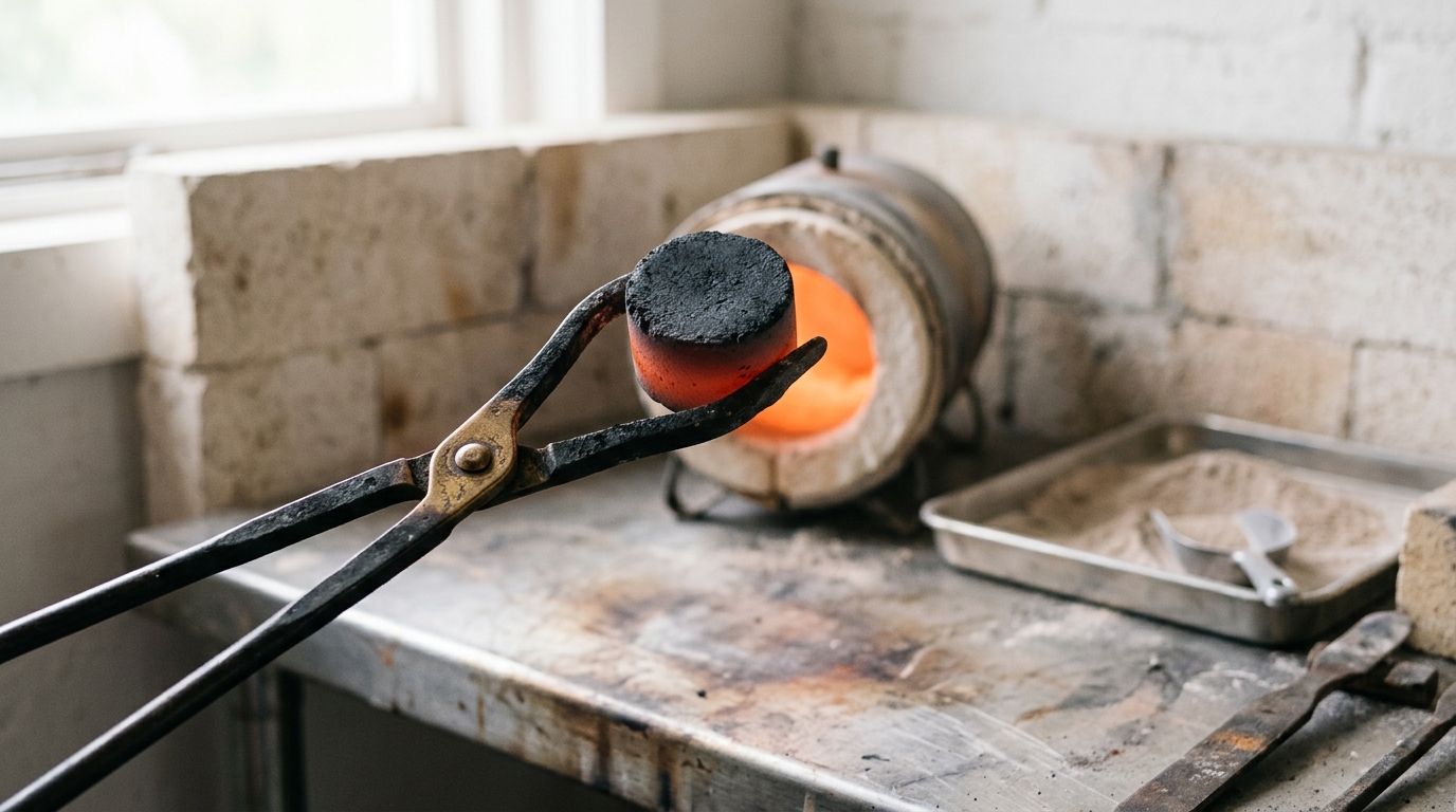 A dark ceramic pellet being lifted from a furnace crucible with tongs on a bright bench, still radiating heat