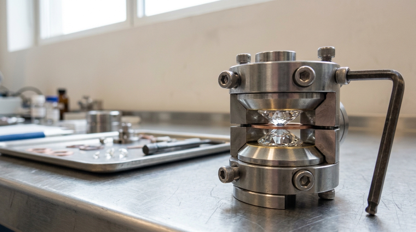 A diamond anvil cell being closed around a hydride sample on a bright bench, its screws mid-turn