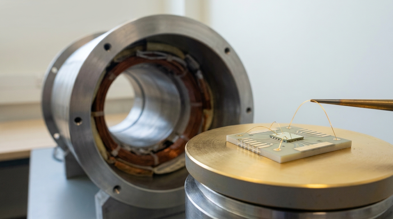 A small Hall-bar chip mounted on a rotating sample stage inside an open cryostat bore, contact wires still being adjusted