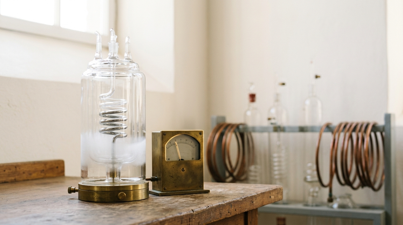 A hand-blown glass helium cryostat on a workbench, its inner vacuum jacket still frosting as a mercury resistance coil inside crosses into superconduction