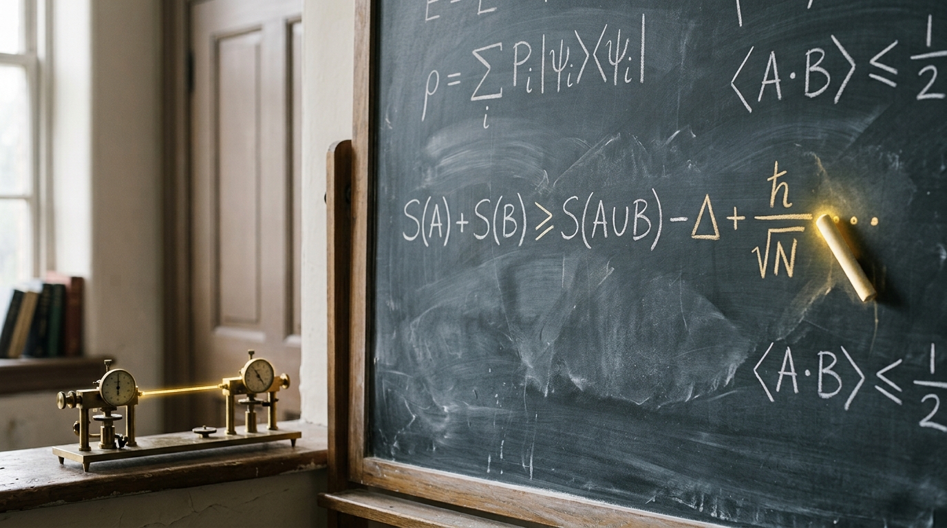A handwritten inequality on a chalkboard beside a small brass model of two separated detector stations