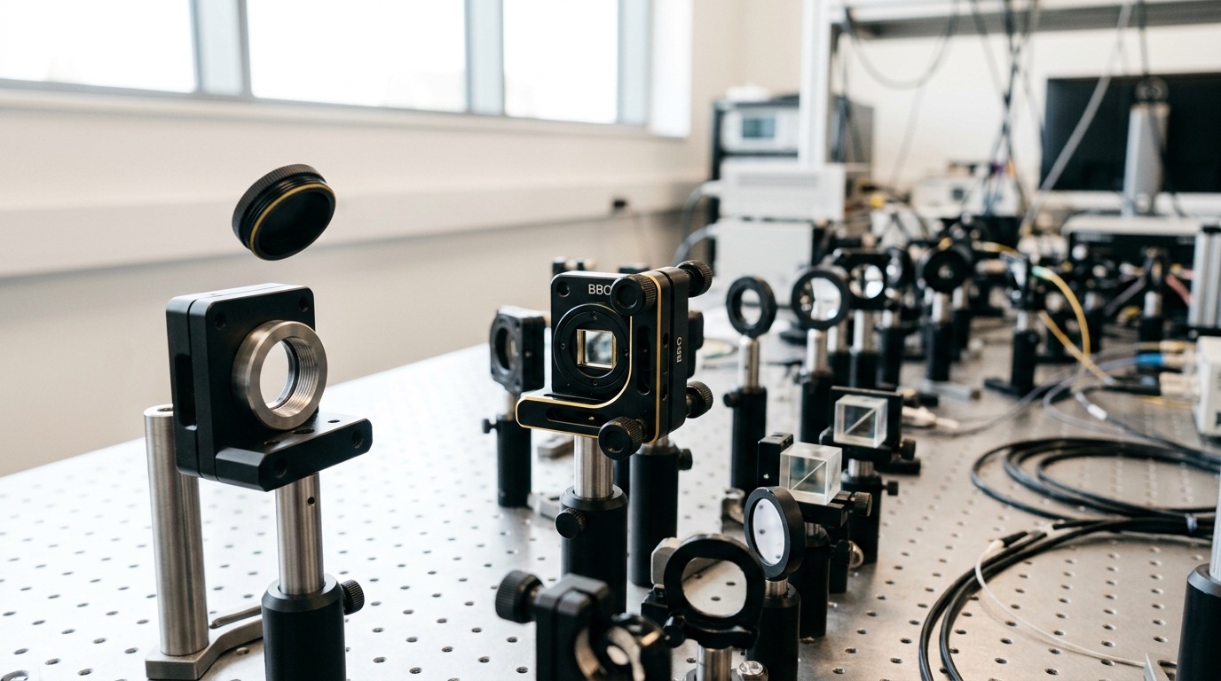 A vibration-isolated optical table holding a nonlinear crystal photon-pair source, one beam path still uncapped