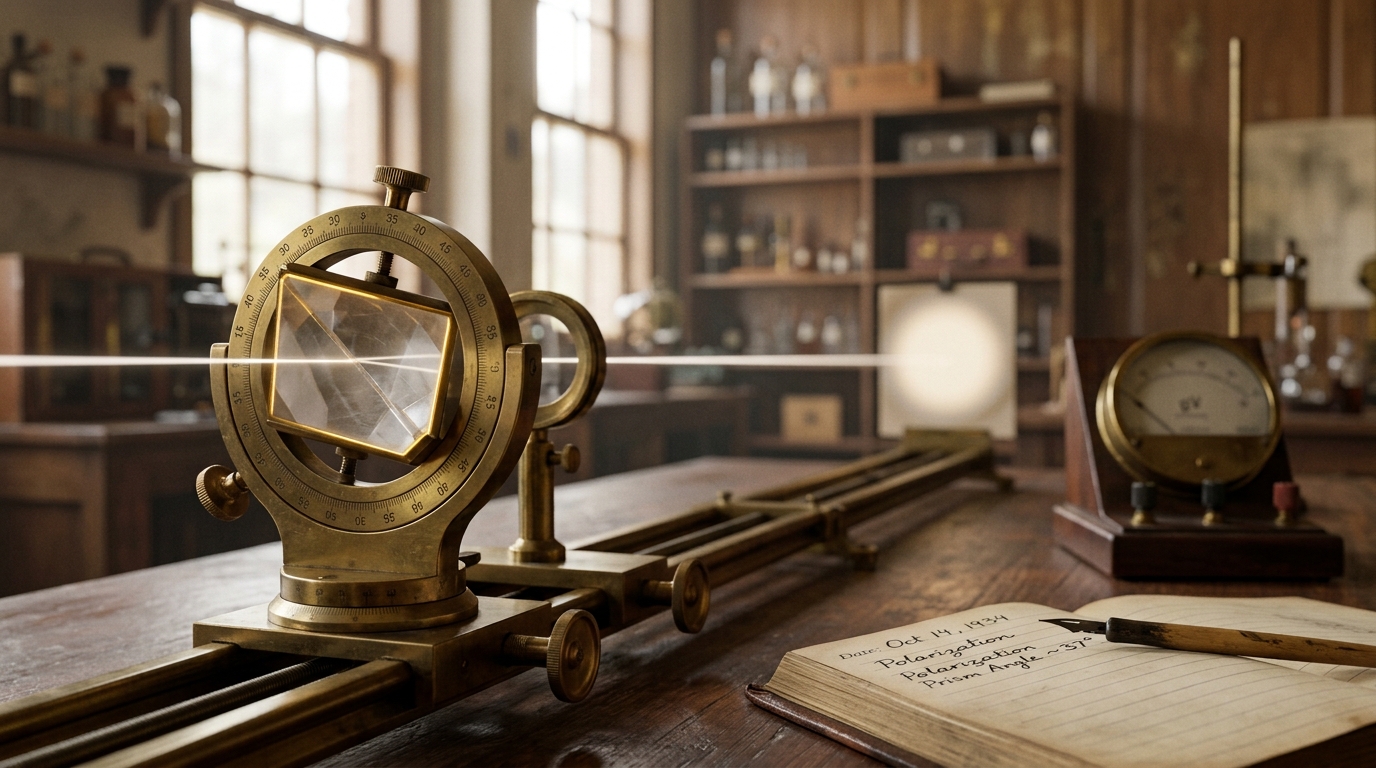 A 1930s physicist's brass optics bench mid-alignment, a polarizing prism half-rotated into position under a desk lamp