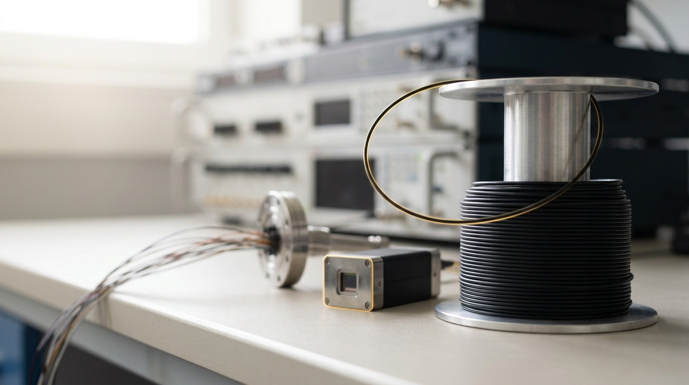 A modern single-photon detector bench with a fiber spool half-coiled beside a cryostat feedthrough, mid-setup