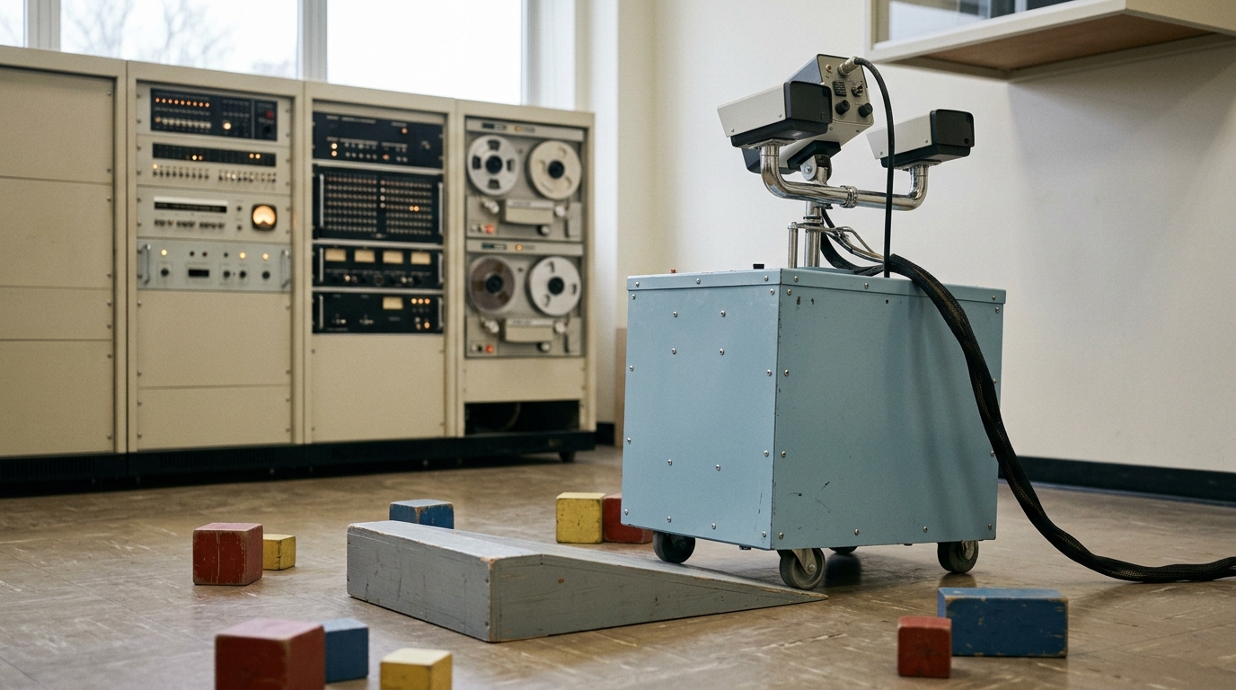 A boxy 1960s wheeled research robot with a camera-and-rangefinder head pausing at the base of a wooden ramp among painted blocks, a thick tether cable running back to a rack of period computer equipment