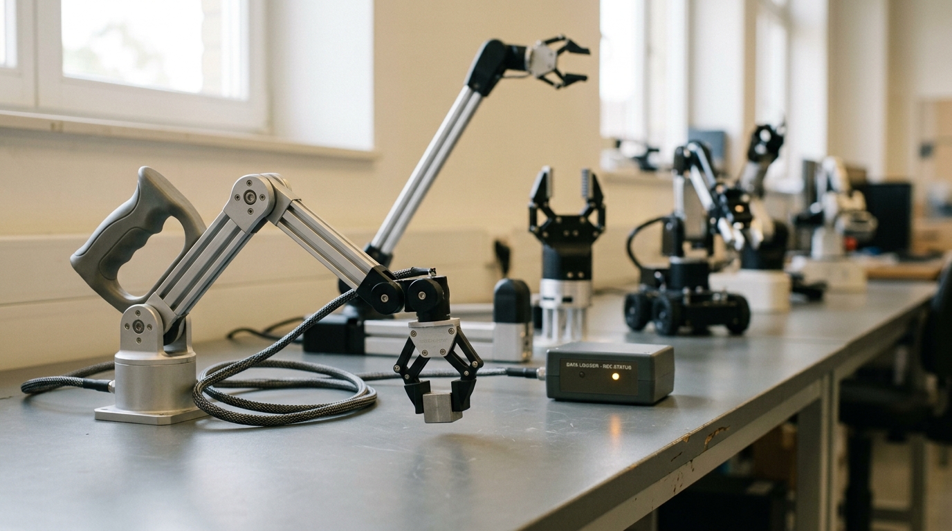 A teleoperation leader arm on a bench mid-demonstration, its follower arm's gripper part-closed on one object, with a row of differently shaped robot arms from other embodiments receding behind it