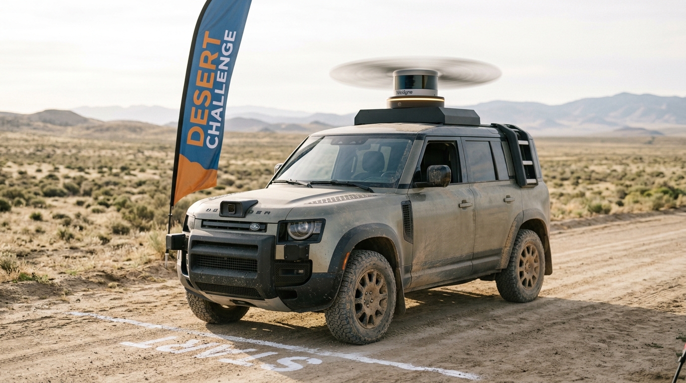 A modified 2005-era SUV fitted with a roof-mounted spinning lidar sensor and bumper radar pods, staged at a desert course starting line with a course marker flag beside it