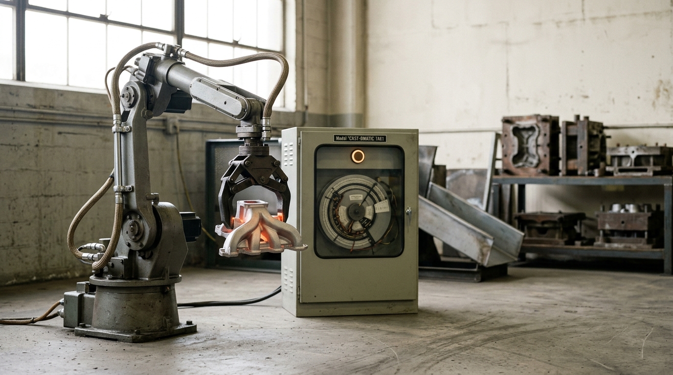 A 1961-era hydraulic industrial robot arm on a die-casting factory floor, its gripper caught still closed around a hot casting a moment before release, a drum-program controller cabinet beside it