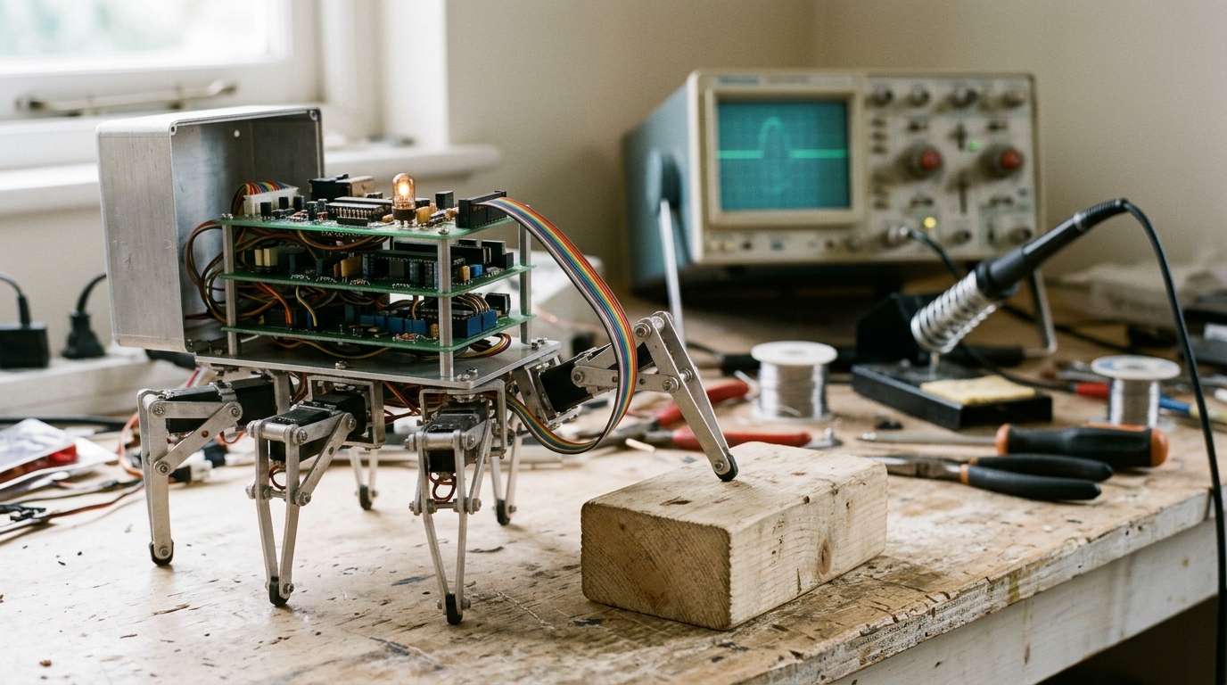 A small 1980s legged robot on a cluttered workbench with its shell open to show stacked layers of circuit boards, one leg lifted mid-step over a wooden block placed in its path