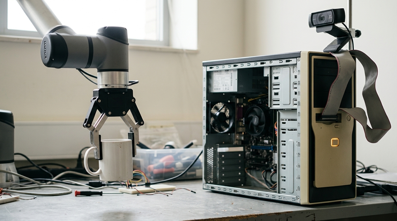 A robot arm's gripper part-closed on a mug on a lab bench beside a mid-2010s tower-case computer with its side panel open, showing spinning internal fans and a lit status LED