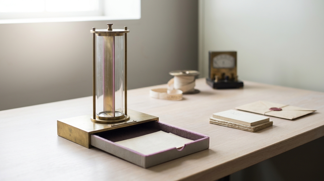 A glass-and-brass single-particle trap chamber built to a 1929 information-engine design, sitting open on a conservator's bench with its felt-lined tray half slid from beneath it