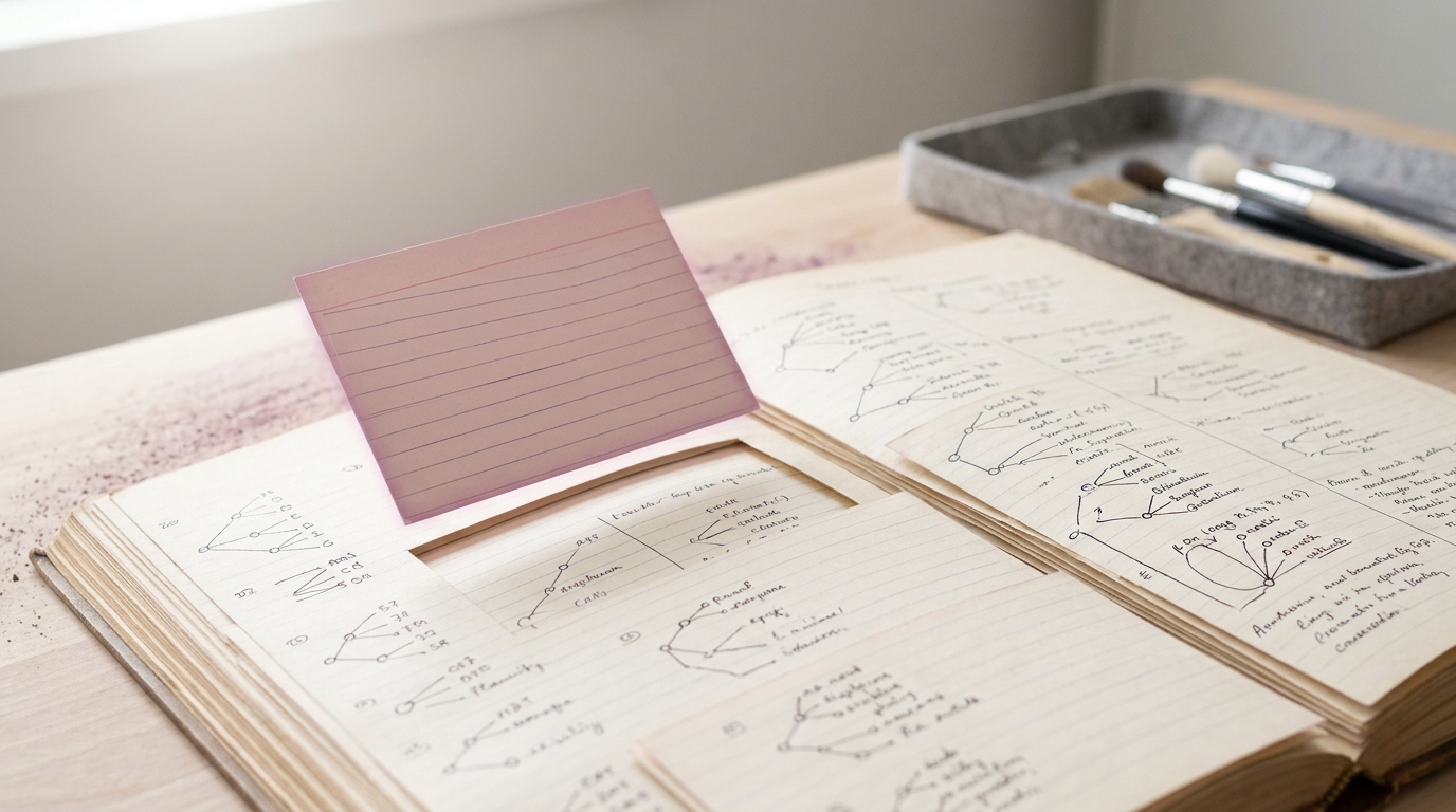 An index-card ledger spread open to a page of hand-ruled node-and-line diagrams, one card mid-slide into a new position in the sequence