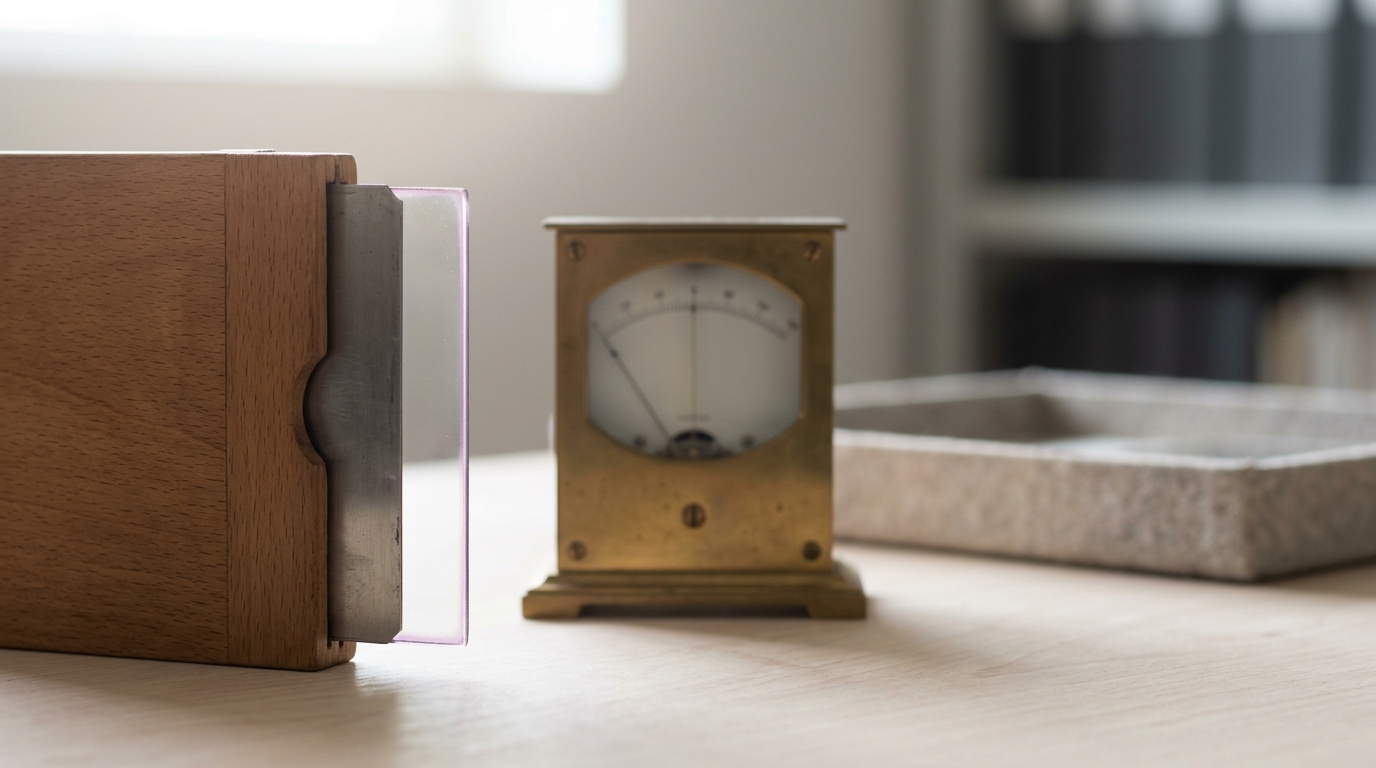 A brass-cased galvanometer and a photographic plate holder from the classical Brownian-motion tradition, the plate holder's dark slide caught half withdrawn