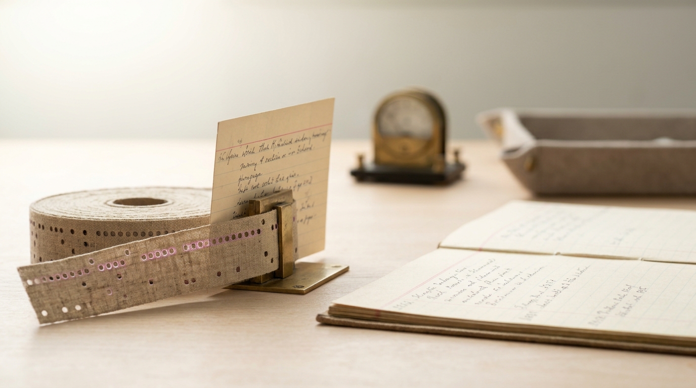 A hand-fed paper punch-tape spool caught mid-feed into a reader slot beside an open index-card ledger, one card still standing upright as if just set down