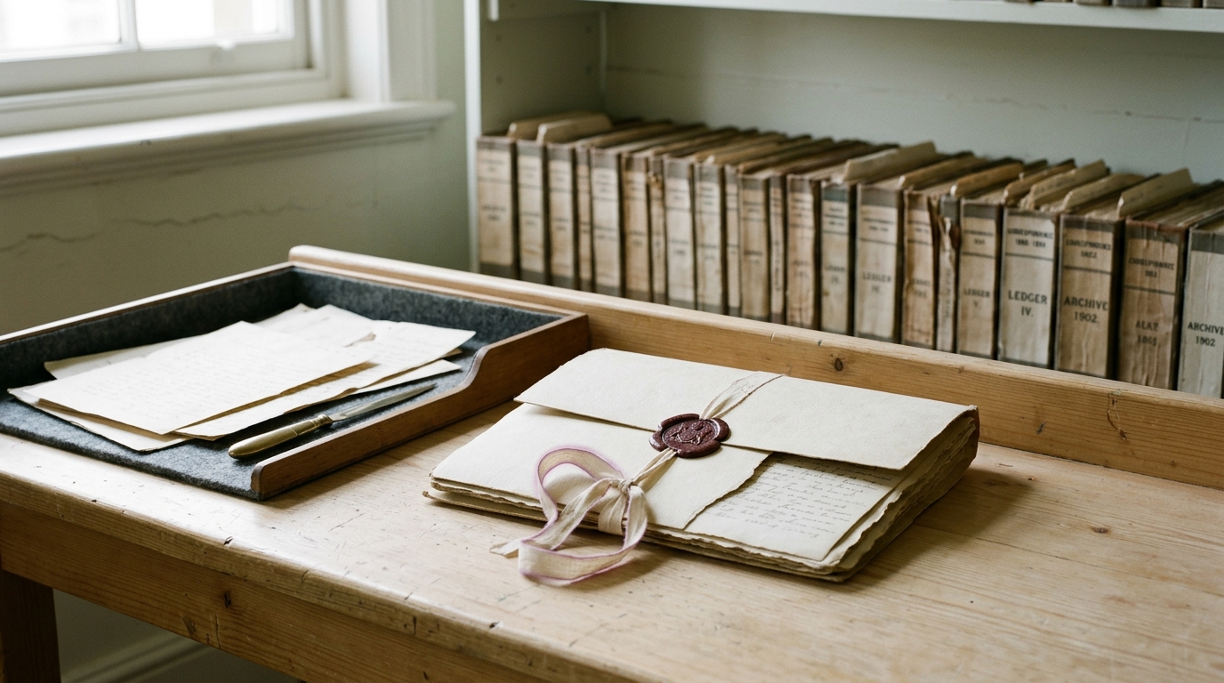 A wax-sealed correspondence folder half open on a conservator's bench, its ribbon tie still loosely looped rather than fully undone, beside a shelf of undisturbed index-card ledgers receding into soft focus