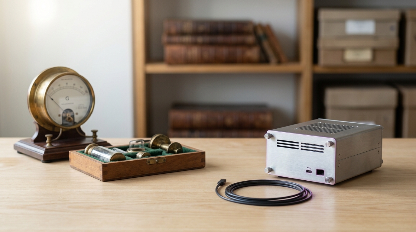 A compact modern optical-trap module set down at the far end of the conservator's bench, its data cable still coiled and not yet plugged in, beside the older brass instruments