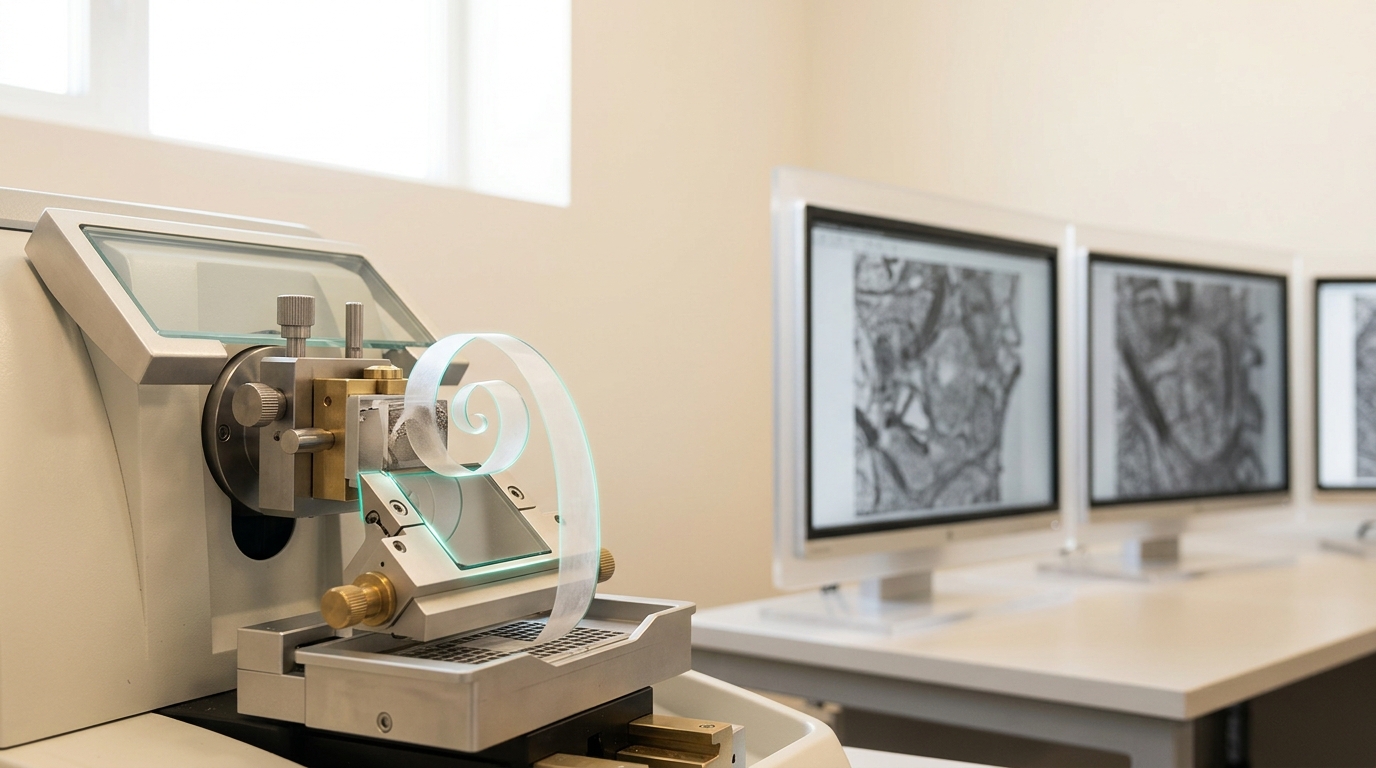 A serial-sectioning ultramicrotome beside a bank of monitors showing an aligning image stack