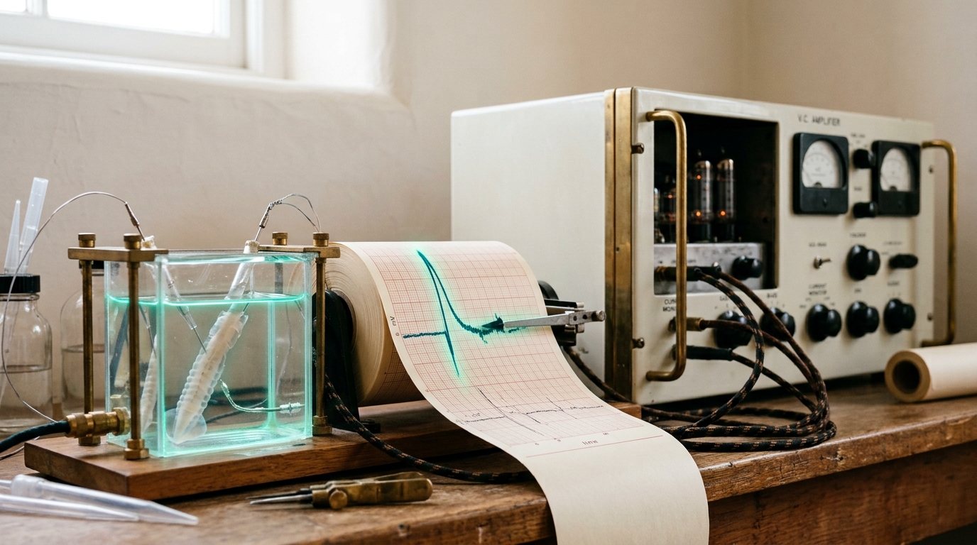A 1950s voltage-clamp rig on a lab bench with a squid axon chamber and chart recorder mid-trace