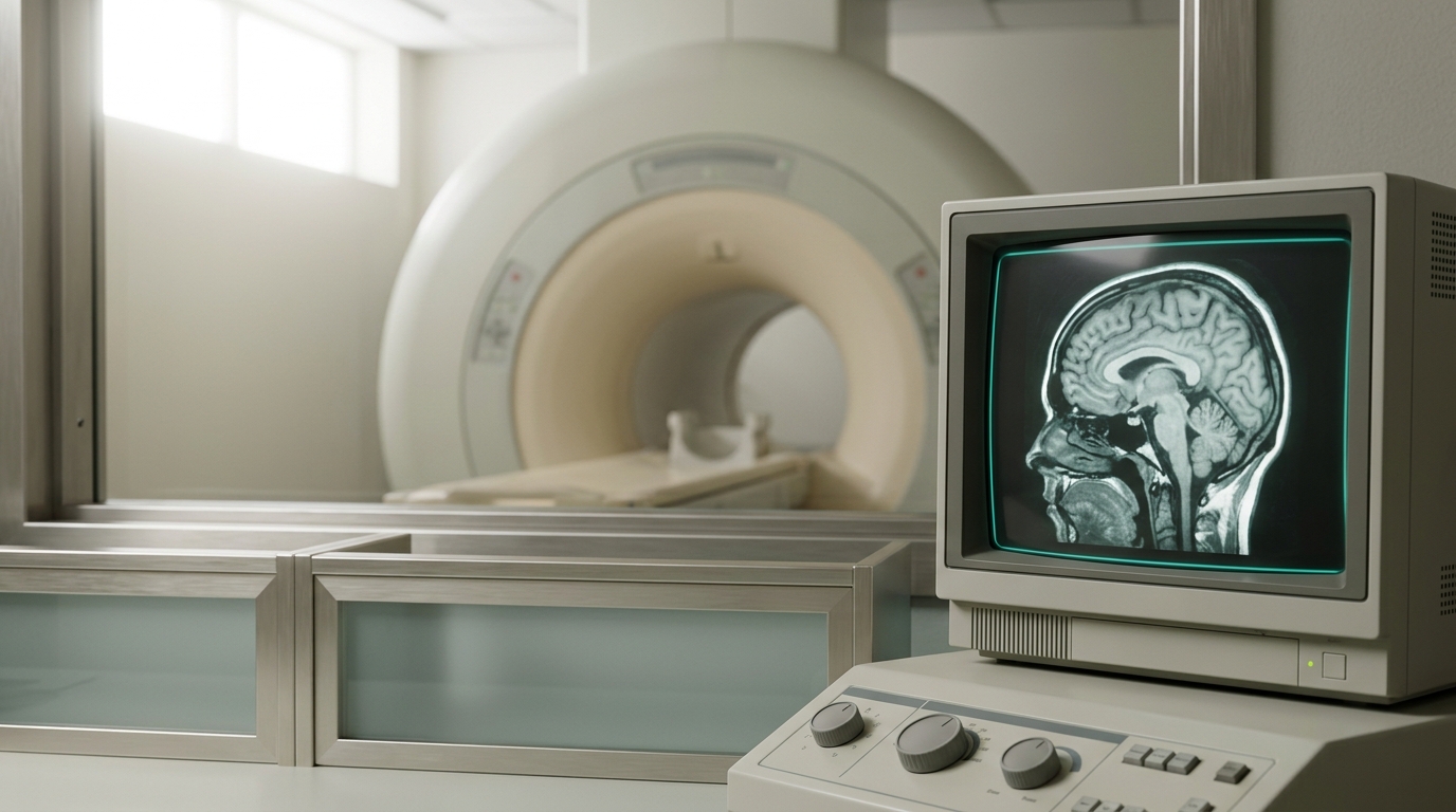 A control-room view of an early MRI magnet bore with a monitor showing a fresh brain-image slice