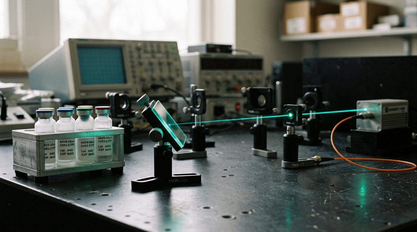 A fiber-optic laser bench beside a small vial rack of opsin vectors, mid-alignment