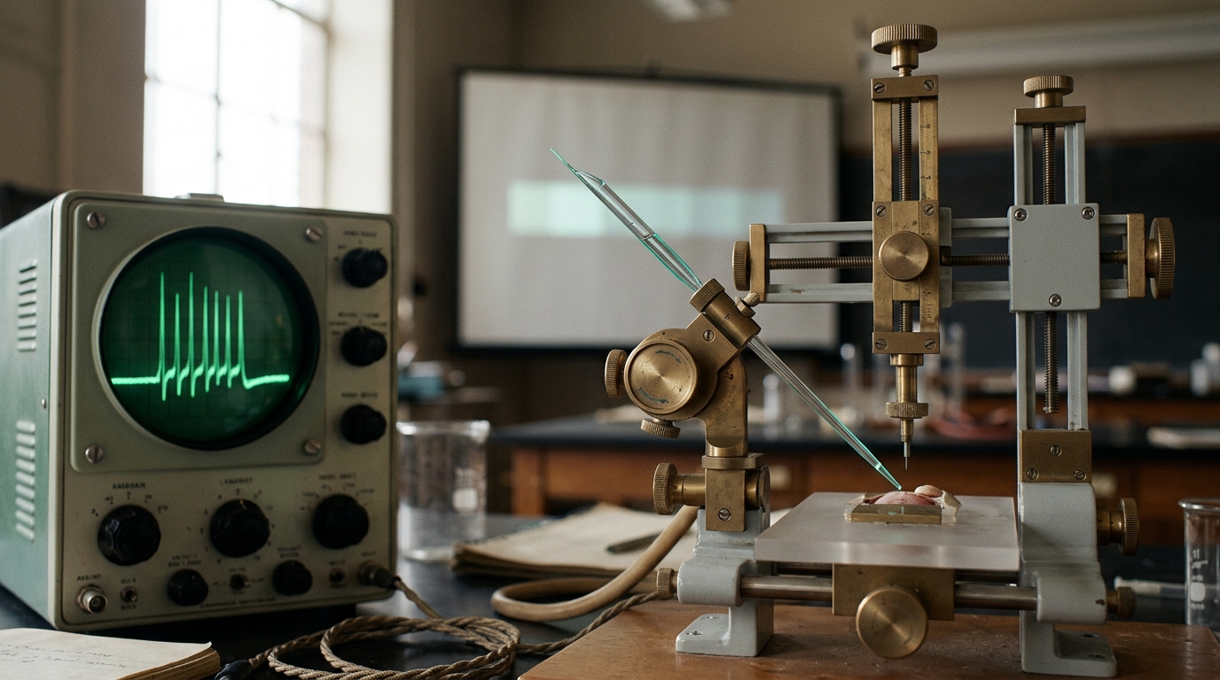 A stereotaxic frame positioning a glass microelectrode over an exposed visual cortex, oscilloscope beside it