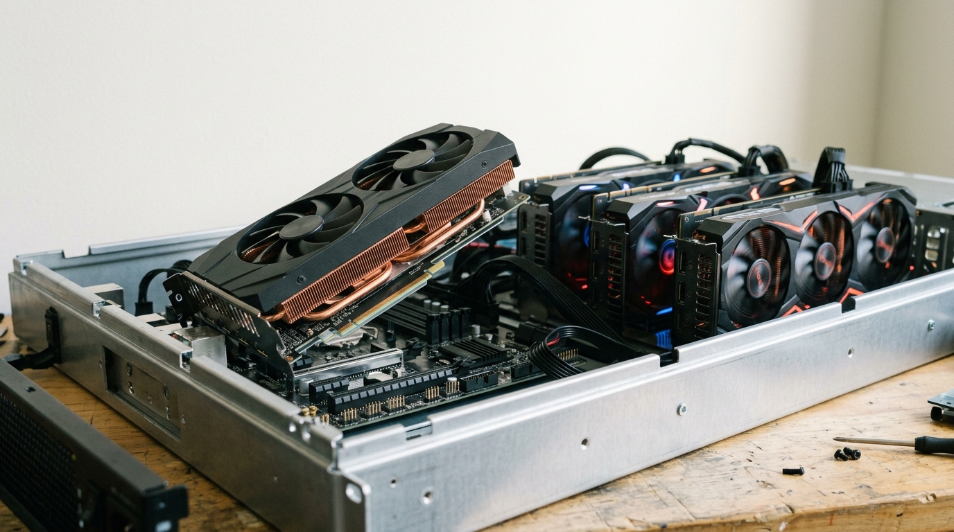 An open-frame server rack from the early 2010s with graphics cards installed, one card seated only halfway into its slot