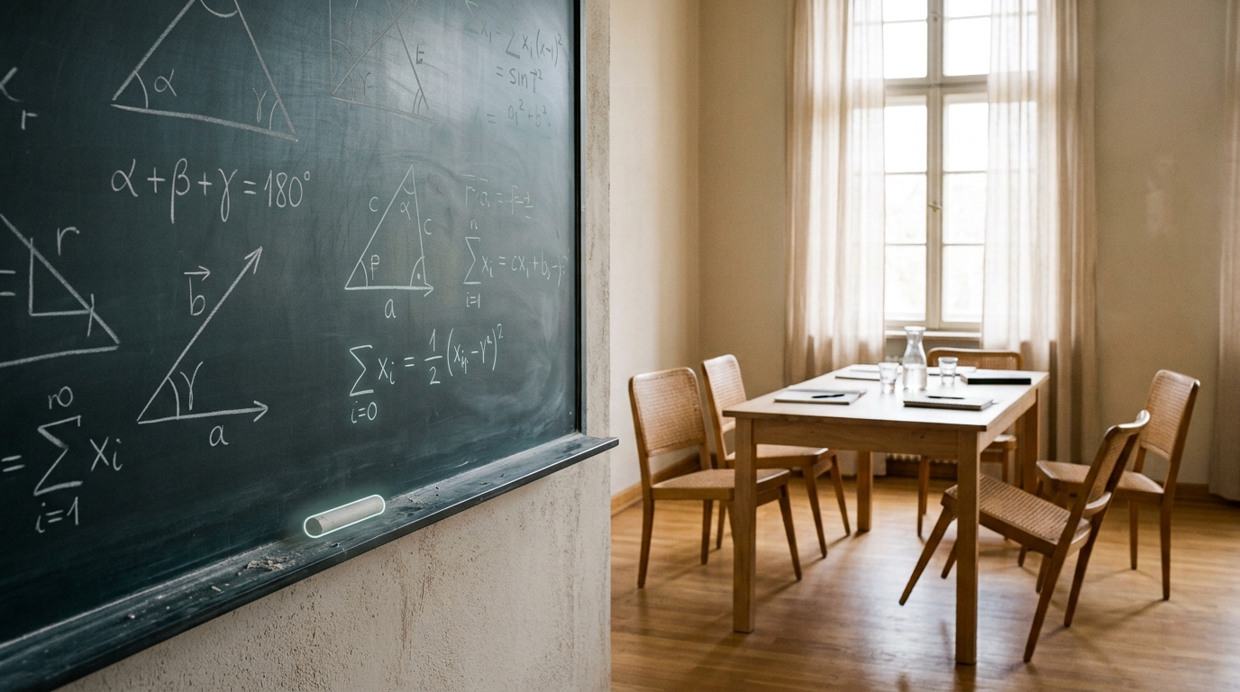 A bright seminar room with a chalkboard partly filled with sparse notation and a table set for a small working group, chairs not yet occupied
