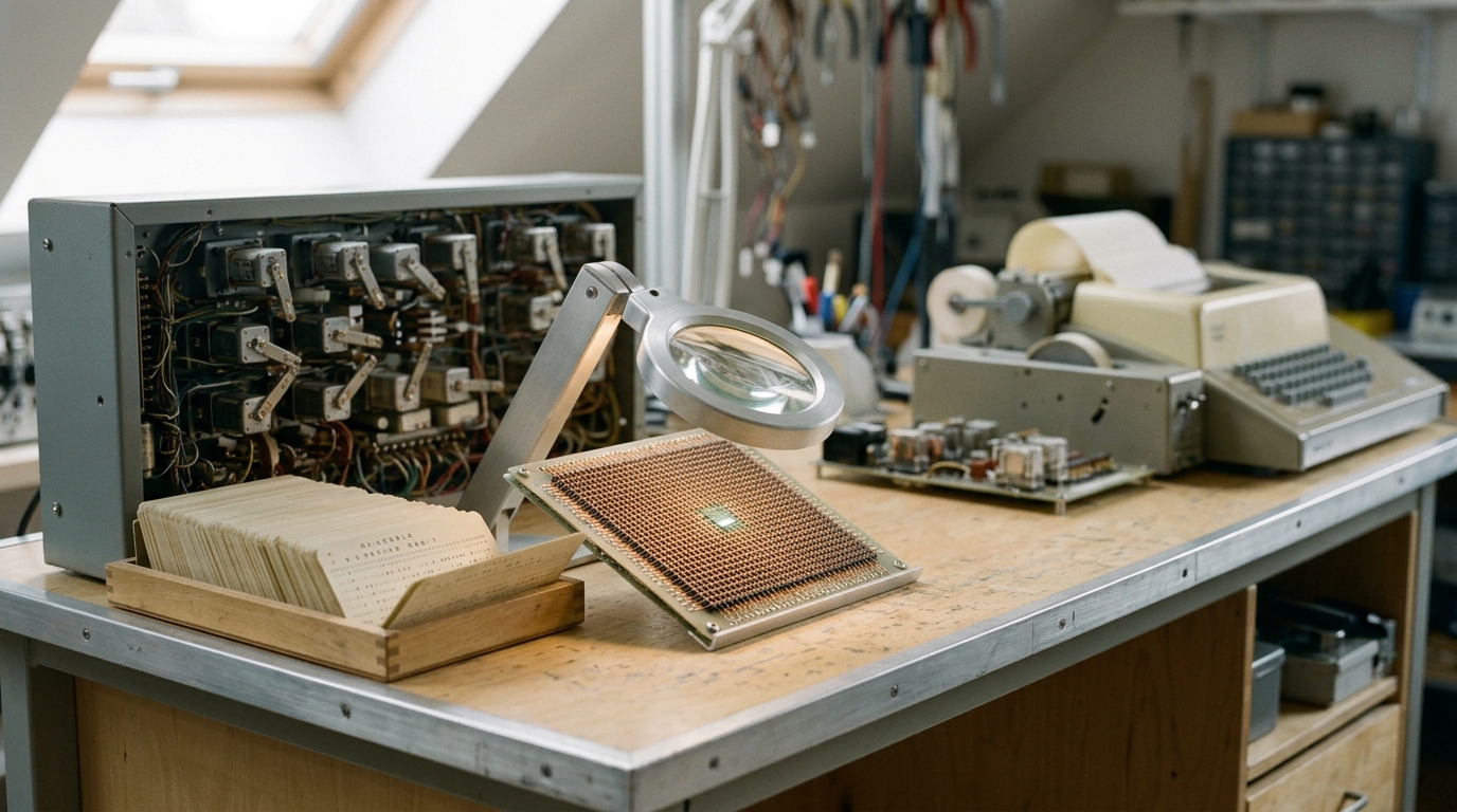A wide restoration workbench holding a relay panel, a core-memory plane, a punched-card tray, and a teletype, all mid-inspection under skylight