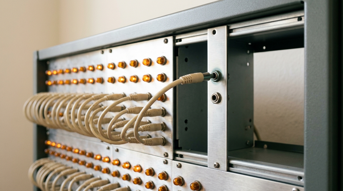 An open 1970s network-interface cabinet with indicator lamps and a wall of patch cables, one cable mid-insertion into a jack