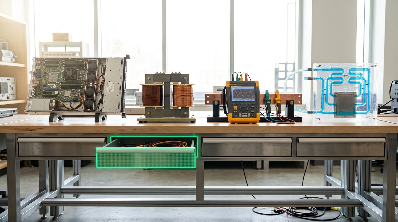 A modern open GPU server tray on the same restoration workbench, heatsinks and cabling laid out for inspection beside the older equipment